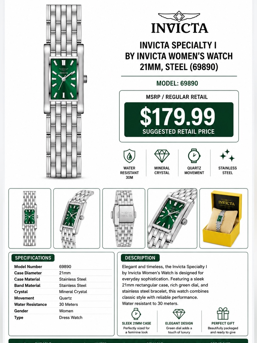 Invicta Women's Silver Stainless Steel Watch with Green Dial